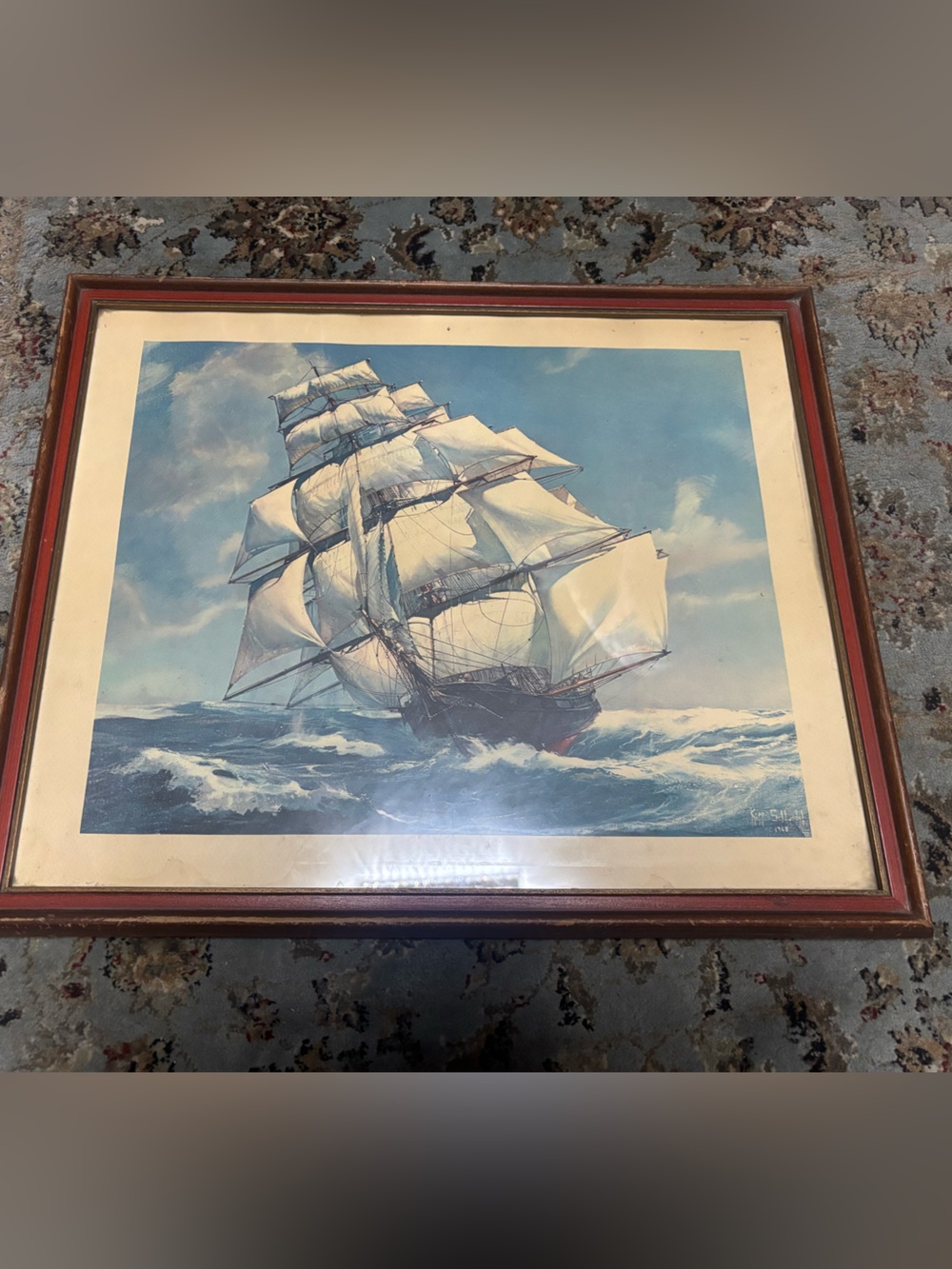 Vintage Sailing Ship Print in Wooden Frame - Blue and White